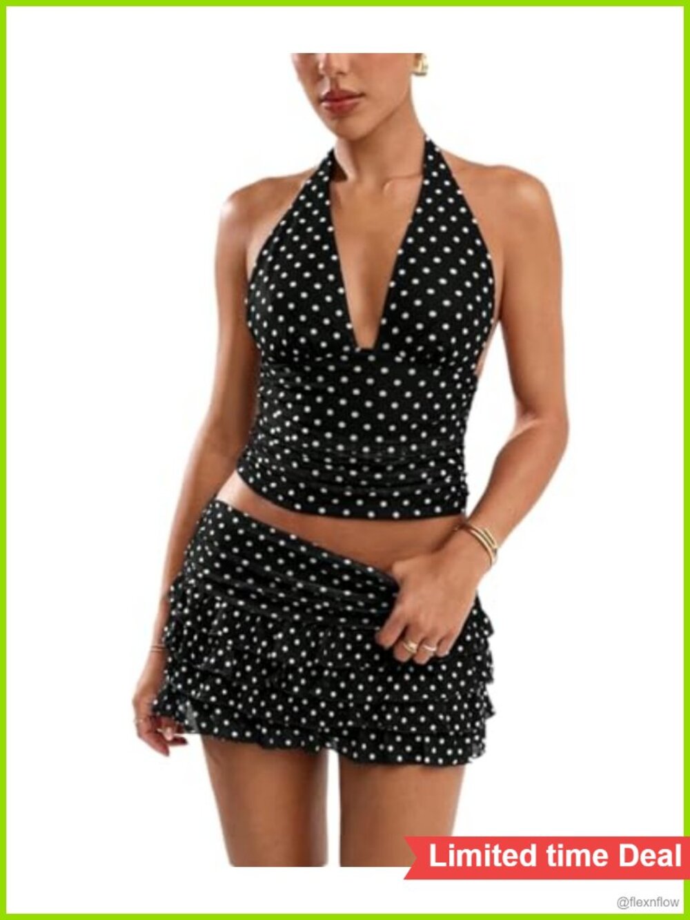 Women Polka Dot 2 Piece Skirt Set Halter V-Neck Top Ruffle Mini Skirt Summer